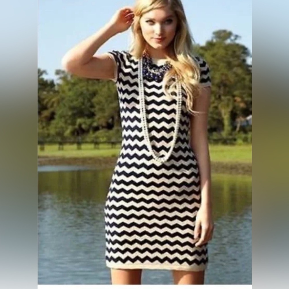 Lilly Pulitzer Santana True Navy Chevron Dazzle Stripe Sweater Dress M
